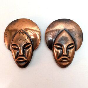 2 Vintage 50s Copper African Tribal Face Brooches Afro Modernist Funky Statement